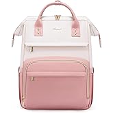 LOVEVOOK Leather Backpack for Women, 15.6 Inch Laptop Bag, Professional Work Tote for Nurse College Teacher, Computer Travel Purse, Beige White-Pink