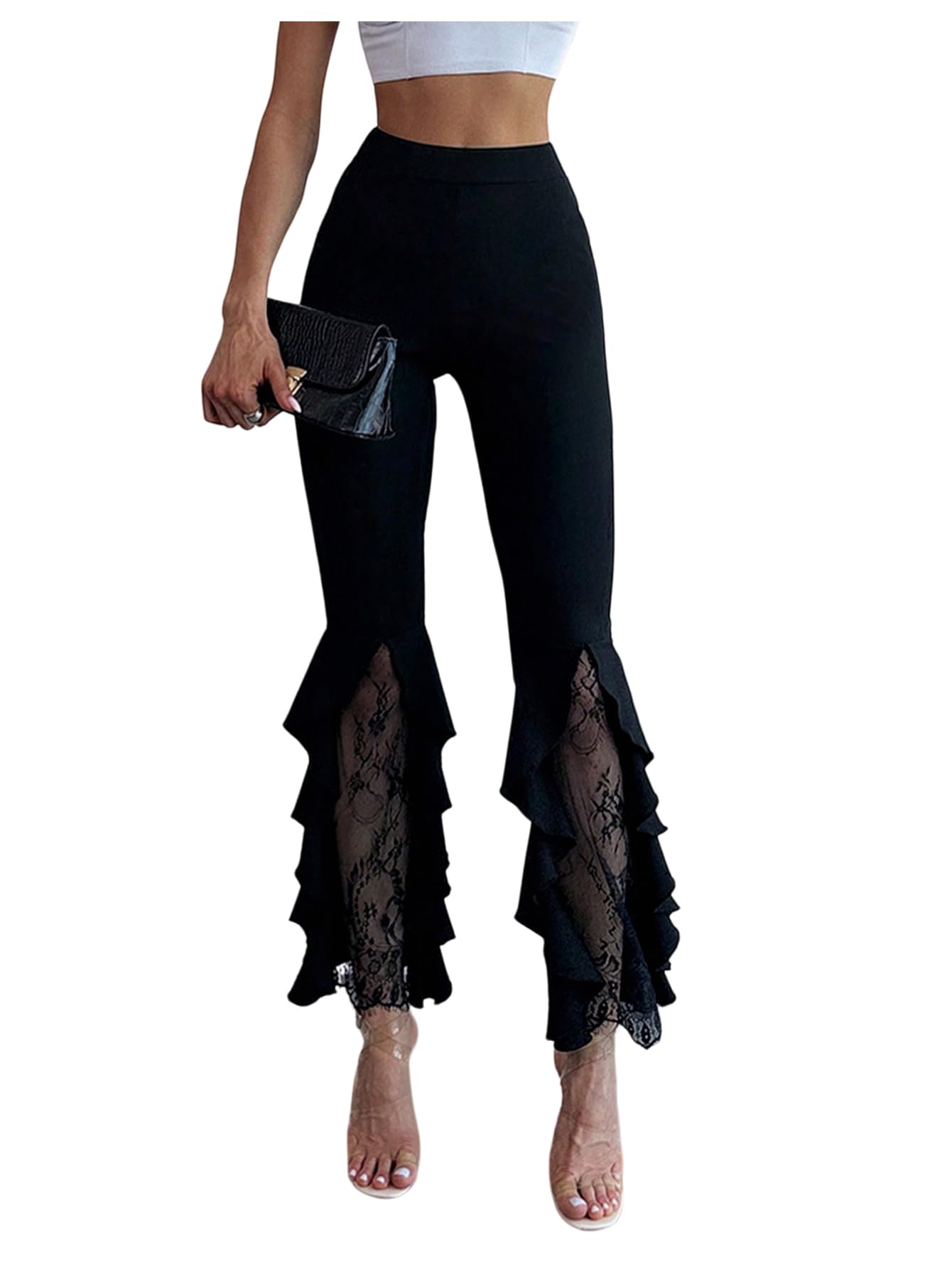Photo 1 of GORGLITTER Women's Lace Goth Bell Bottom Pants Mesh Flare High Waisted Flared Leggings Black Lacy Small