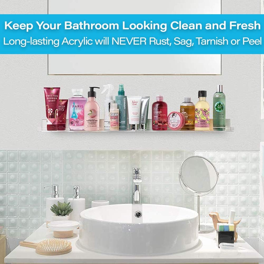 'Invisible' Bathroom Shelf Wall Mounted [2 Pack] 15 inch Clear Acrylic Shelves by Pretty Display. Extra Strong & Easy to Wall Mount: Kitchen & Dining