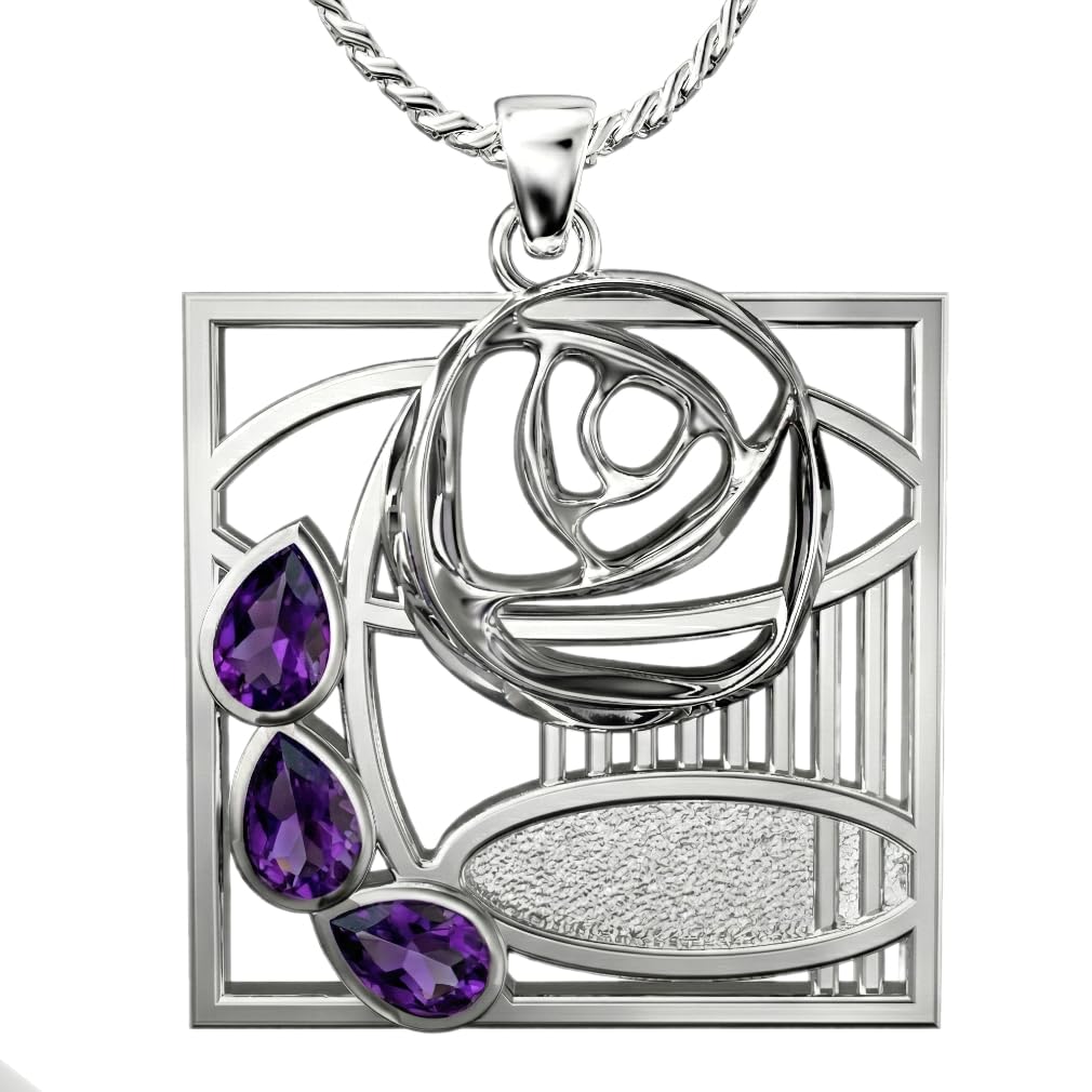 Cairn 925 Sterling silver Charles Rennie Mackintosh pendant necklace with 18" silver chain for women. Jewellery gift box included. Clyde 107AM