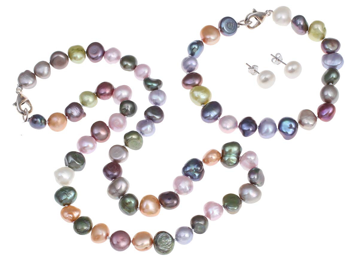 Treasure Bay MultiColour 8-9mm Baroque FreshWater Pearl Jewellery Set for Women Ladies Girls Pearl Necklace Bracelet Earrings Gift for Her, Mum, Wife, Christmas Birthday Gift (19 In)