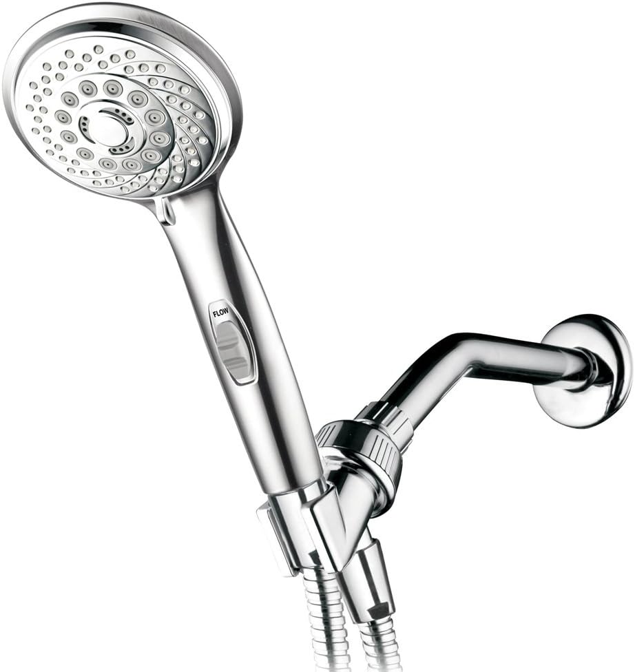 HotelSpa 7-setting AquaCare Series Spiral Handheld Shower Head Luxury Convenience Package with Pause Switch, Extra-long Hose PLUS Extra Low-Reach Bracket Stainless Steel Hose - All-Chrome Finish - - 