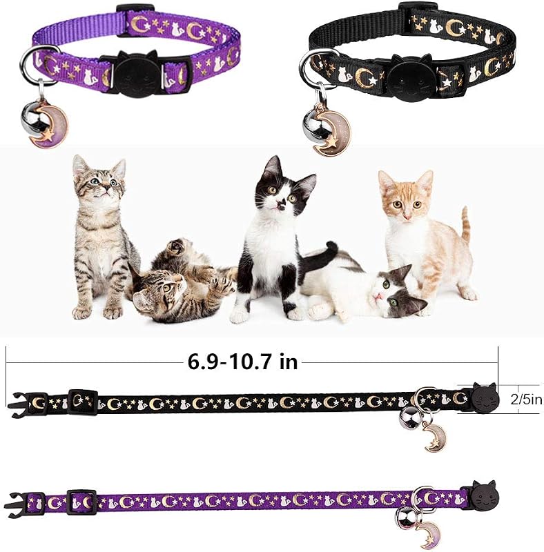 2 colares de gatos com luas de sino, estrelas, colar seguro ajustável para gatinhos com pendente que brilha no escuro (preto e roxo) — foto 6 de 7