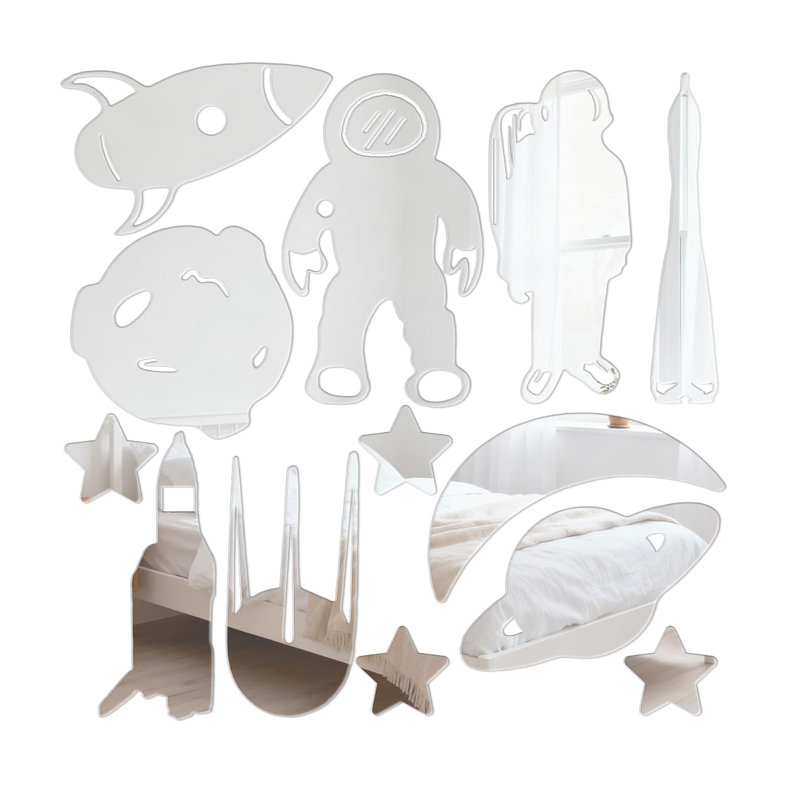 Sicheii 14Pcs Astronaut Space Rocket Mirror Wall Decal Stickers, Outer Space Planet Wall Decals, 3D Acrylic Space Bedroom Decor, Spaceman Spacecraft Vinyl Wall Art DIY for Boys Girls Room, Silver