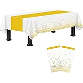 2 Packs White and Gold Plastic Table Cloth Disposable Party Decorations, White Plastic Tablecloth Rectangular Printed with Gold Table Runner for Birthday Wedding Engagement Anniversary, 54 x 108 Inch