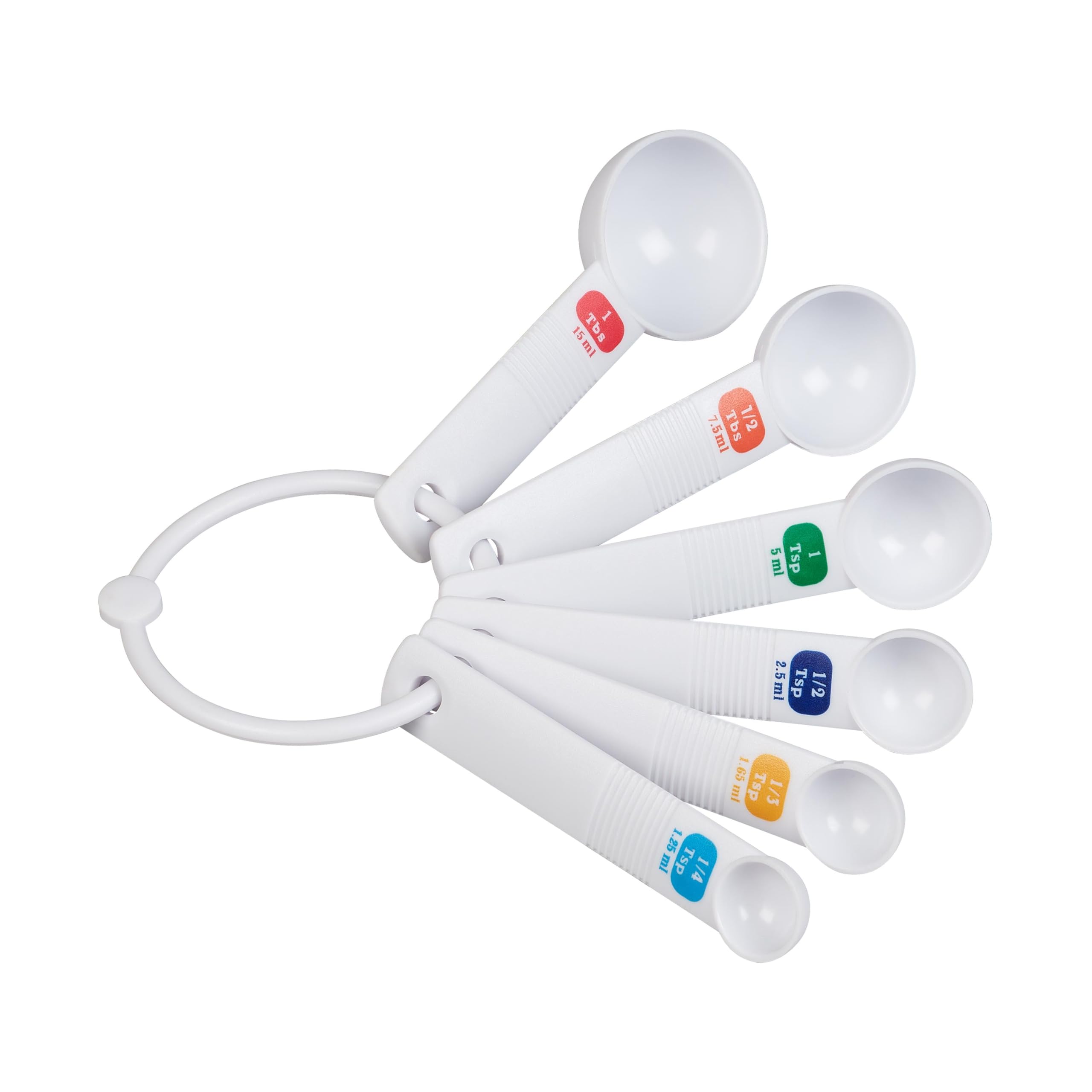 Tala Plastic Measuring Spoons, Set of 6 Spoons with 1/4 TSP/1.25ml - 1/3tsp/1.65ml - 1/2 TSP/2.5ml - 1tsp/5ml - 1/2tbs/7.5ml - 1 tbs/15ml Measurements, White