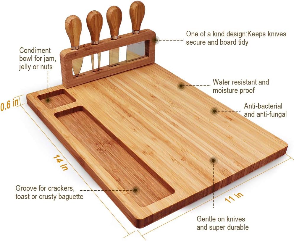Bamboo Cheese Board Set including Cutlery Wooden Charcuterie Tray Platter Including 4 Stainless Steel Knife and Serving Utensils - Image 3
