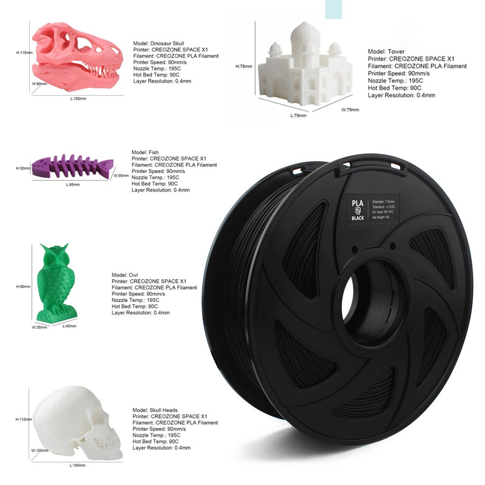 CREOZONE PLA 3D Printer Filament 1.75mm 1KG, 3D Printing Supplies, Dimensional Accuracy +/- 0.03mm, 2.2 LBS Spool, 3D Print Filament 1.75 for Most 3D Printer & 3D Pen (Black)