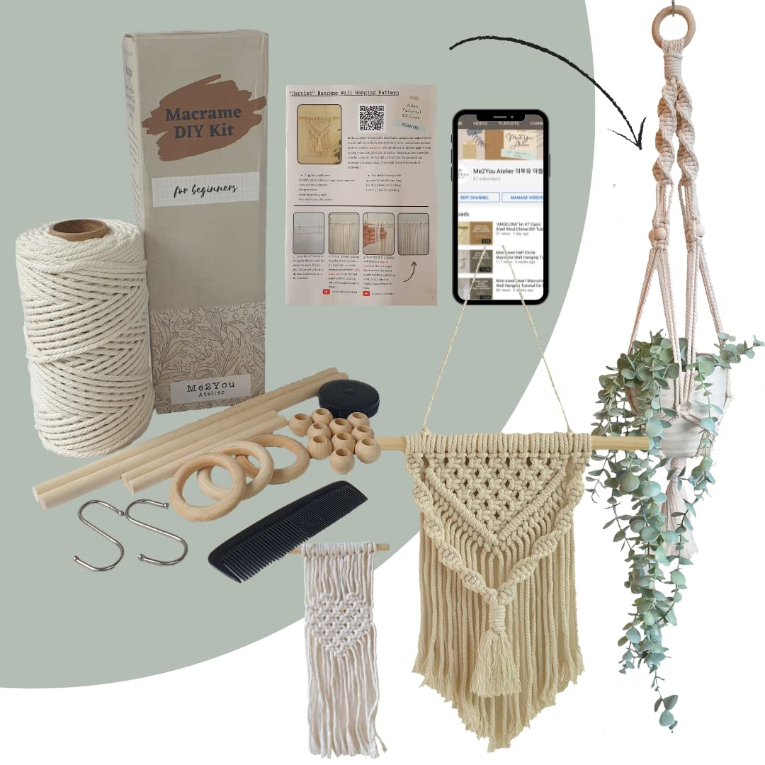 Mustard Colour Easy Macrame DIY Kit for Adults Beginners, Wall Hanging, Plant Hanger, Starter Kit with Written Instructions & Video Tutorials, 100 Meters of Cotton Rope, Wooden Dowel, Wooden Beads — image 1