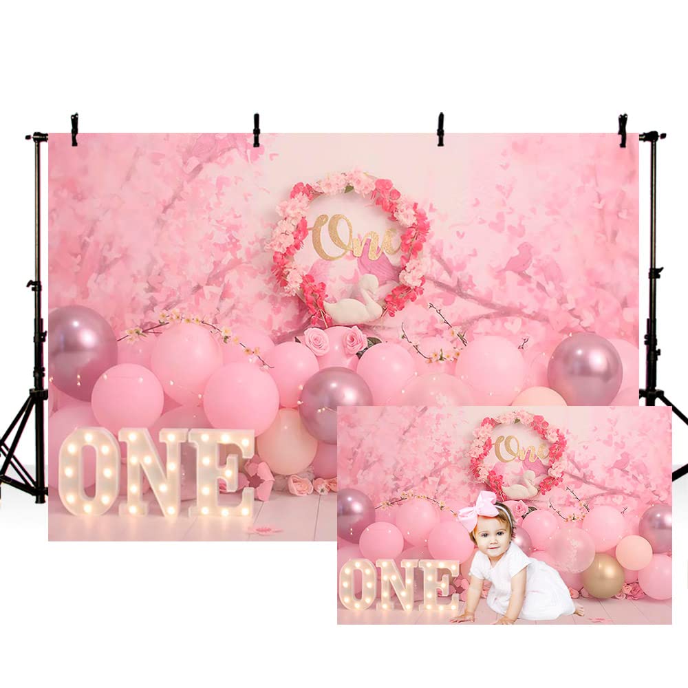MEHOFOND 8x6ft Girl 1st Birthday Photography Background Pink Floral Balloons Kids Party Banner Decoration Supplies Retro Newborn Portrait Photo Backdrop Happy Birthday Photoshoot Studio Props
