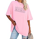 Mama Shirt Women Mama Embroidered Shirts Oversized T-Shirts Trendy Mom Short Sleeve Tee Tops