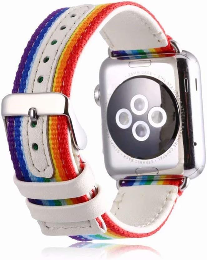 DAZE Nylon Bands Replacement for Apple Watch with Green and Red Striped and Embroidered Sport Bands for iWatch Series 4/3/2/1 (White-Rainbow 38/40)