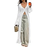 Quzzion Women's Hollow Maxi Crochet Cardigans Flared Sleeve Long Casual Knit Vacation Open Front Lightweight Cover Up