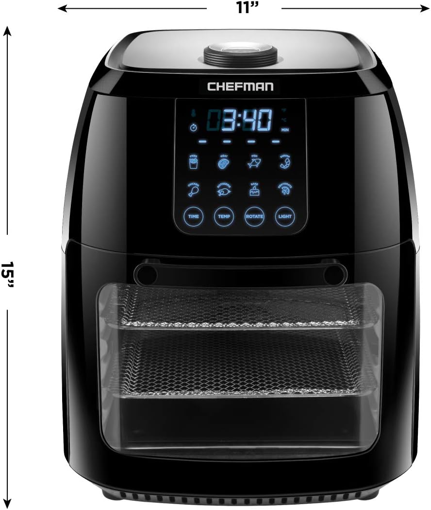 Chefman 6.3 Quart Digital Air Fryer+ Rotisserie, Dehydrator, Convection Oven, 8 Touch Screen Presets Fry, Roast, Dehydrate & Bake, BPA-Free, Auto Shutoff, Accessories Included, XL Family Size, Black: Kitchen & Dining