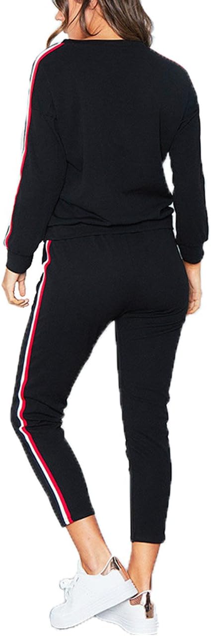 SOMTHRON Women's Sportswear Fashion Set of 2 Stripes Tracksuit Women Long Sleeve Zipper Top + Long Pants Gym Autumn and Winter Sweater Suit