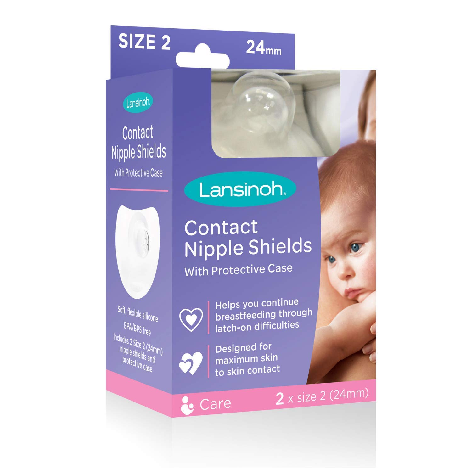 Lansinoh Contact Nipple Shield with Carrying Case, 2 Count, 24mm, for