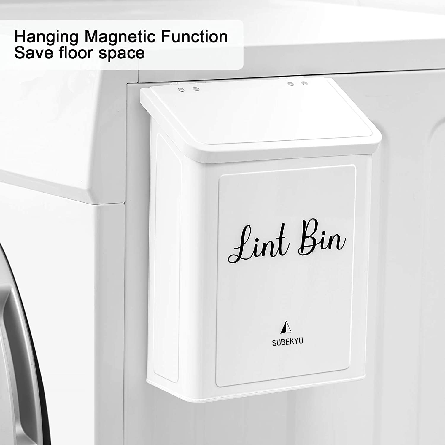 SUBEKYU Magnetic Lint Bin for Laundry Room, Wall Mounted Metal Lint Box Holder Trash Can with Lid for Dryer,Lint Basket for Laundry Room Organization,White