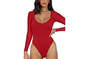 REORIA Women's Basic Sexy V Neck Double Lined Long Sleeve Slimming Going Out Thong Bodysuits Tops