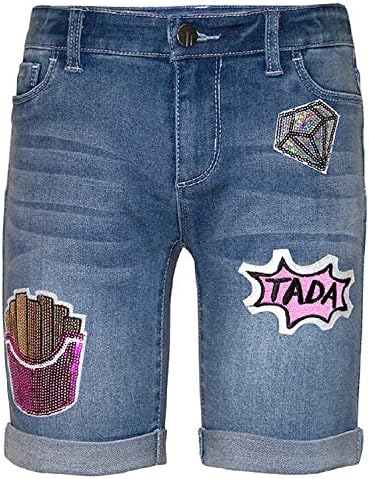 Tractr Sequined Patched Stretch Denim Bermuda Shorts for Girls