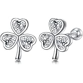 LINGBG JEWELRY Stud Earrings for Women 925 Sterling Silver Small CZ Star Hypoallergenic Earrings Dainty Clover Shamrock Bar Barbell Screw Back Earrings