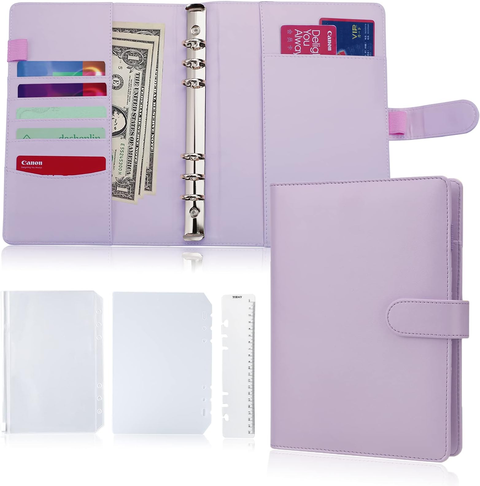 A5 Planner,A5 6-Ring Binder,Spiral Notebook Personal Organizer with Magnetic Button, Included 1xPVC Zipper Pouch, 1x PP Plate, 1x PVC Today Ruler, Harphia (Lavender, A5 9.06 x 7.28'')