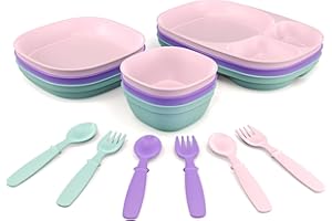 MIGHTYMOE Kid’s Dinnerware Set - 15 Pieces - 3 Place Settings - Tough Tableware for Toddlers - Made in the USA - Dishwasher and Microwave Safe - BPA Free and Shatter Resistant (Pastel)