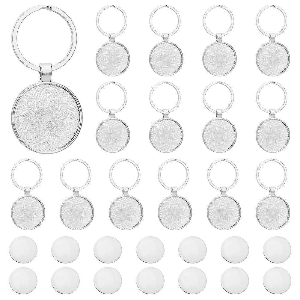 DICOSMETIC 15 Sets Keychain Pendant Tray 30mm Platinum Alloy Cabochon Keychain Blanks with Keyring DIY Keyring Making kit for Photo Resin Personalized Crafting