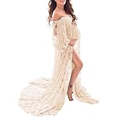Saslax Soft Stretchy Lace Off Shoulder Doubly Split A-line Skirt Maternity Dress Pregnancy Maxi Gown for Photoshoot