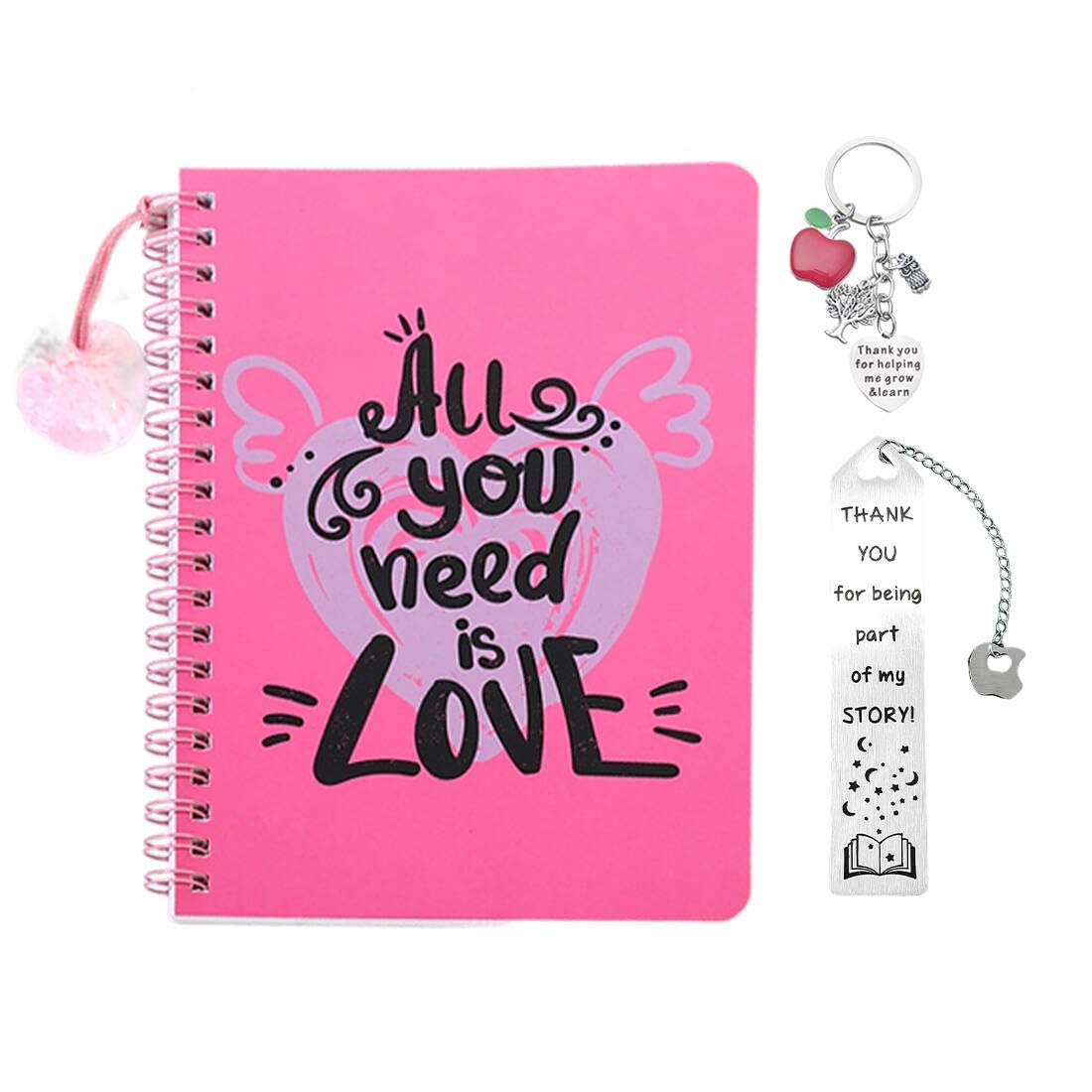 Thank You Teacher Gifts Set, 3 Pcs Inspirational Quote Notebook and Pen and Keyring, Includes Appreciation Gifts Bookmark Teacher Keyring Metal Lined Blank Page Notebook, Motivational Gifts