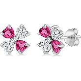 Gem Stone King 925 Sterling Silver Pink Created Sapphire White Moissanite and White Lab Grown Diamond Earrings For Women | 2.95 Cttw | Gemstone September Birthstone | Heart Shape 4MM