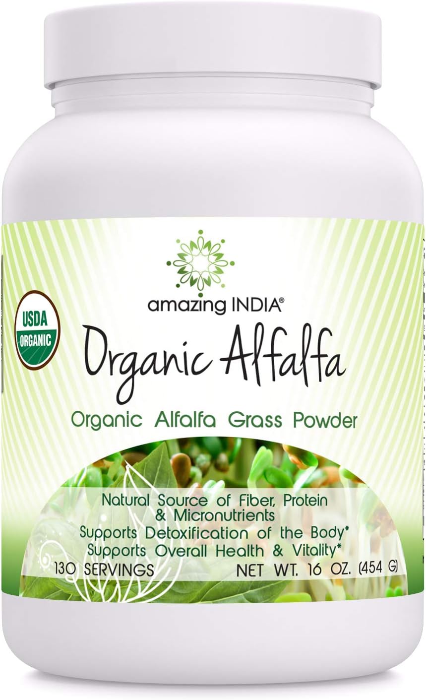 Amazing India Organic Alfalfa Powder 16 Oz (481.94 Gm) - USDA Certified Organic- Raw, Vegan Plant-Based Nutrition- Supports Digestive Health, Detoxification and Immune Health*: Health & Personal Care