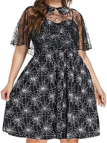 OldSch001 Halloween Costume Women's Plus Size Halloween Party Cobweb Print Yarn Sleeveless Halter Dress