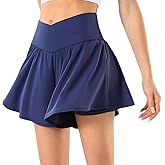 Maxbee Womens Tennis Skorts with Pockets Crossover High Waisted Athletic Shorts Golf Skorts Flowy Running Workout Shorts