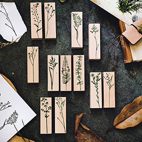 Ioffersuper 6 Pcs Decorative Wooden Stamps with Leaf Plant Pattern, Rubber Stamp Set for Scrapbooking DIY Card Making