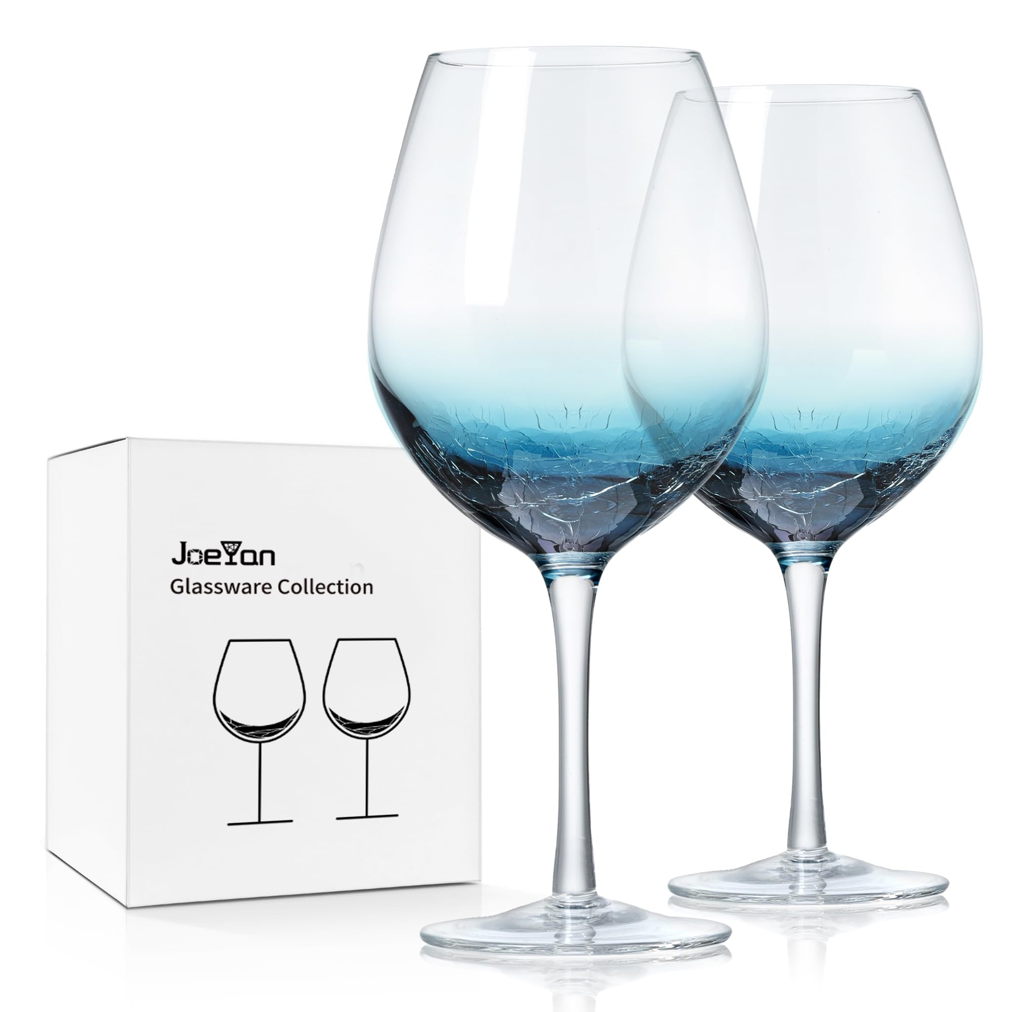 Joeyan Blue Crackle Wine Glass Goblet Set of 2, 630ml Large Hand Blown Crystal Red and White Wine Glasses, Colored Drinking Glass Cup for Wedding, Christmas, Birthday, Anniversary Party