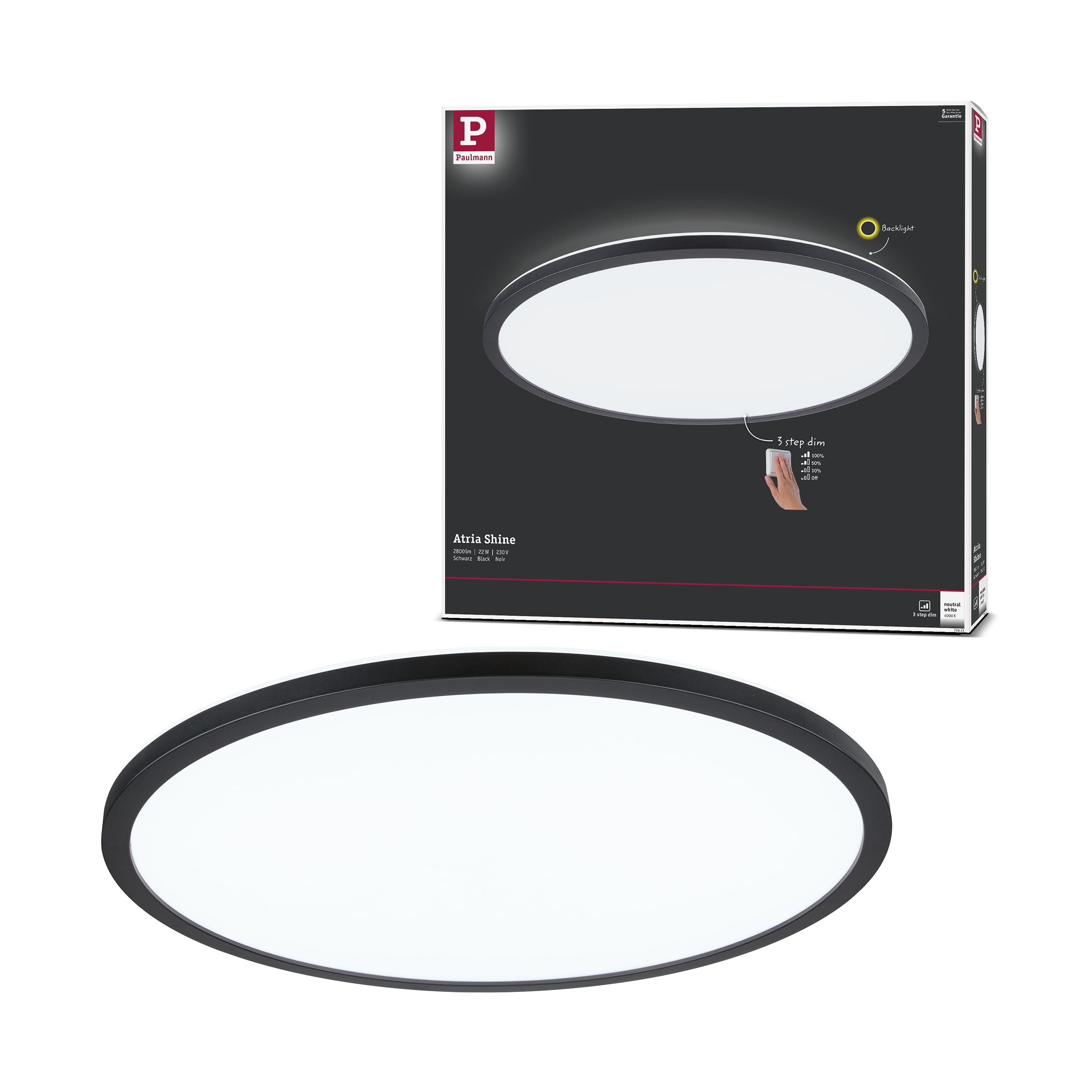 Paulmann 71013 LED Panel Atria Shine 420mm 3-Step-Dim Round incl. 1x22 W dimmable White Daylight Black Plastic Light Panel Ceiling Panel 4000 K