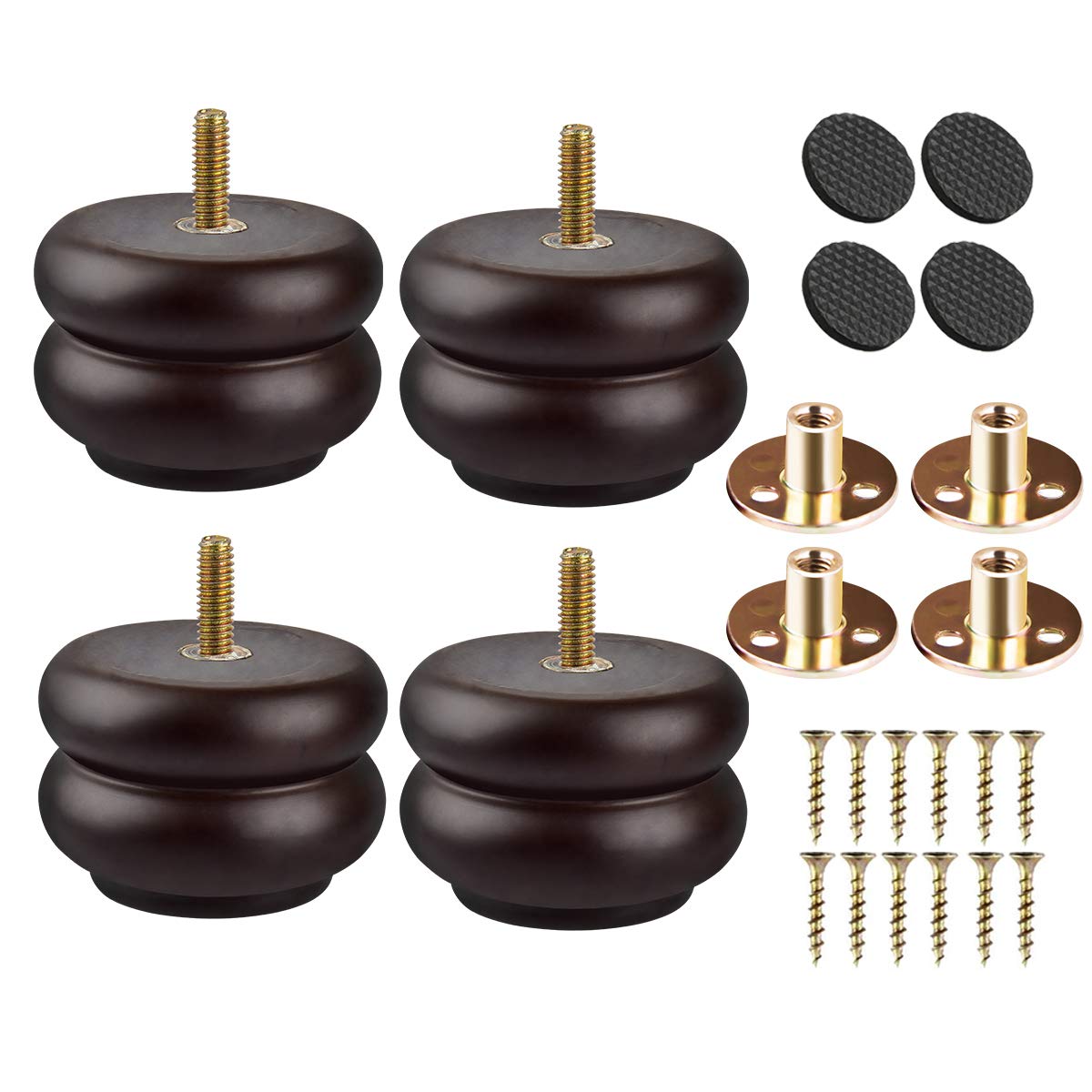 Btowin 3 inch / 7cm Solid Wood Furniture Legs, 4Pcs Walnut Round Wooden Bun Feet with Threaded M8 Hanger Bolts & Mounting Plate & Screws for Sofa Cabinet Bed Chair