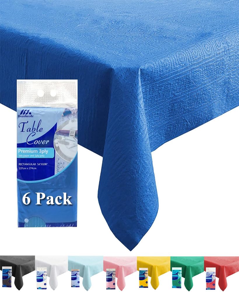 Photo 1 of [6 Pack] Blue Paper Tablecloth Disposable for Rectangle Tables, 54X108 Inch Party Paper Table Cover with Plastic Backing, Waterproof 3 Ply Paper&Plastic Table Cloth for Banquet Birthday Indoor Outdoor