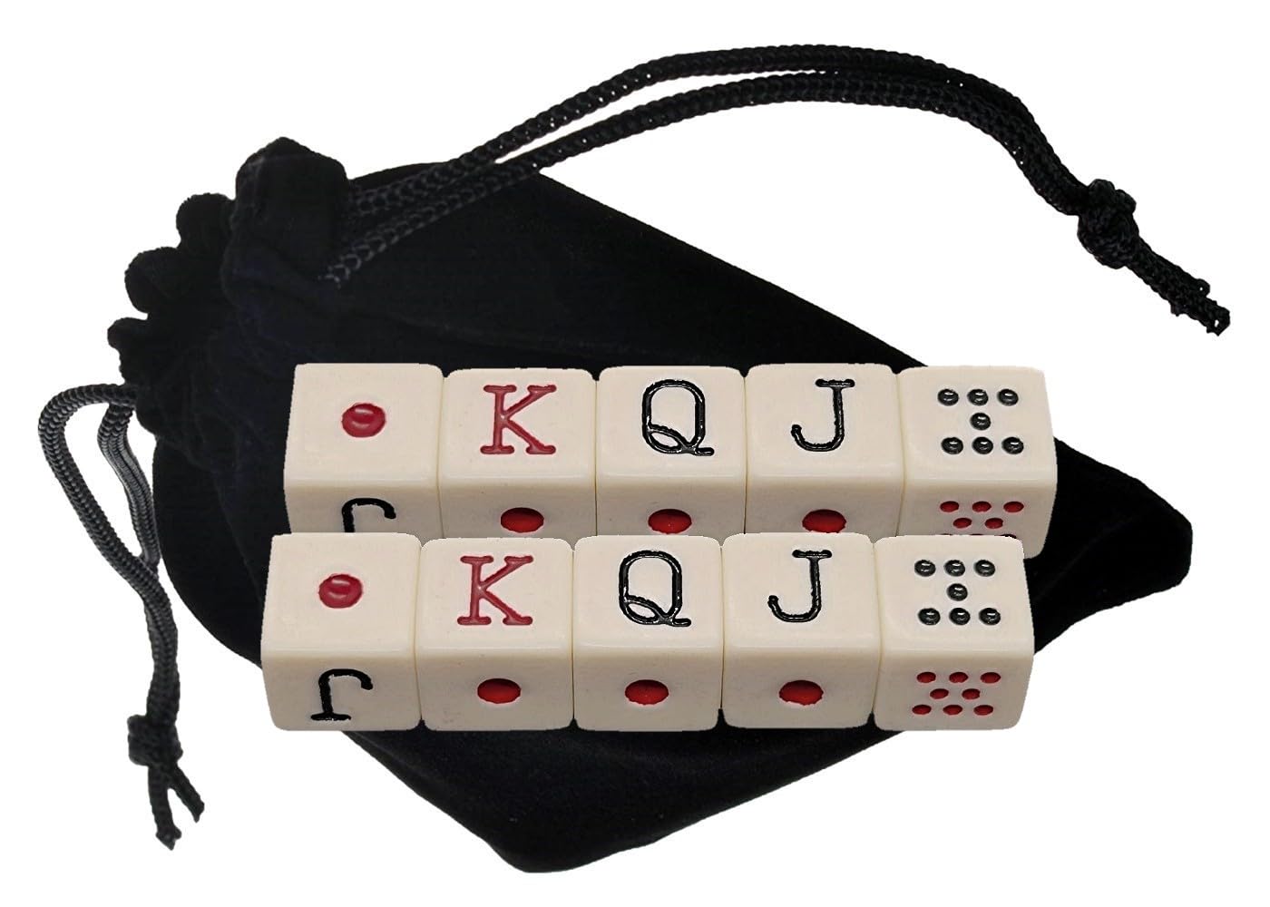 Cyber-Deals Spanish Poker Dice Ivory with Black Velvet Storage Pouch (Set of 10 Dice, 1 Pouch)