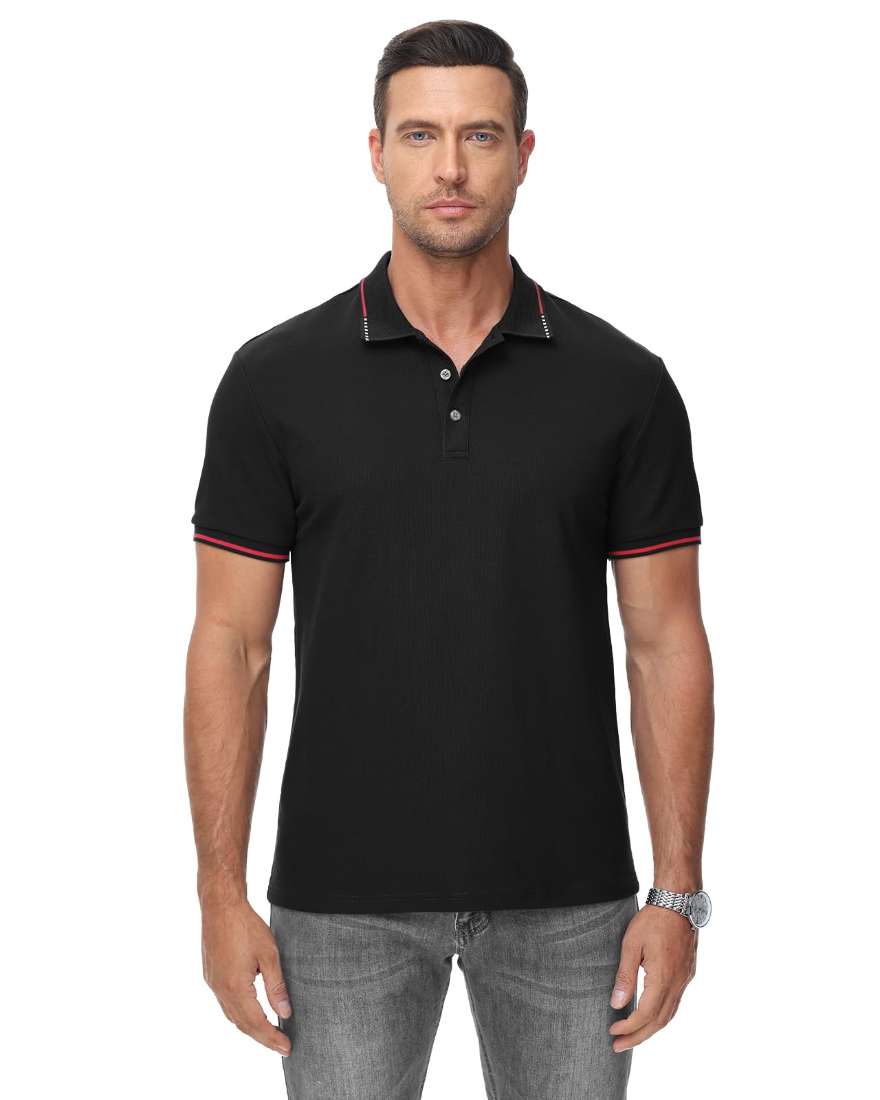 HMIYA Herren Poloshirt-Kontrast Kurzarm Polohemd Male Polo Klassisches,Schwarz,XL 4