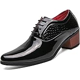 Men's Leather Derby Oxfords Shoes Classic Lace-up Low Top Pointed Toe Embossed Block High Heel Business Wedding Dress Shoes
