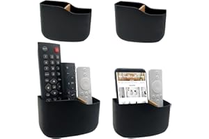 SUNFICON 4 Pack Adhesive Remote Control Holders Wall Mount Media Player Controller Holder Universal TV Remote Organizer Caddy Box Tray Hollow Bottom Phone Charging Home Office Desk Nightstand Black