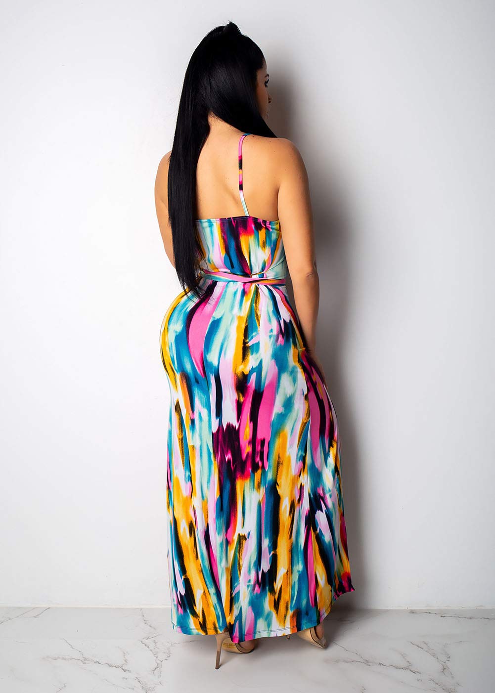 ECHOINE Women High Slit Dress - Sleeveless V Neck Sexy Maxi Dresses Pink