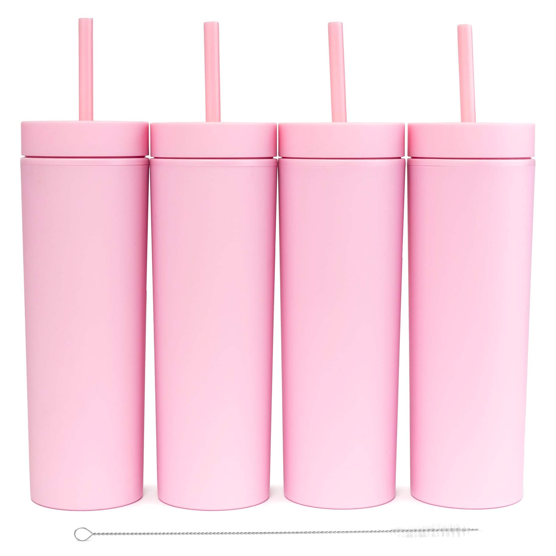 Photo 1 of STRATA CUPS Pink Skinny Tumblers with Lids and Straws (4 pack) - 16oz Matte Pastel Colored Acrylic Tumblers with Lids and Straws, Double Wall Skinny Tumbler Bulk, Reusable Cup with Straw Cleaner