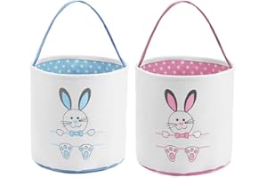 Waarms 2 Pack Easter Bunny Basket Bags for Kids, Canvas Cotton Personalized Egg Basket Hunt Bags Cute Rabbit Print Buckets for Easter Eggs, Candy, Gift (Blue, Pink)