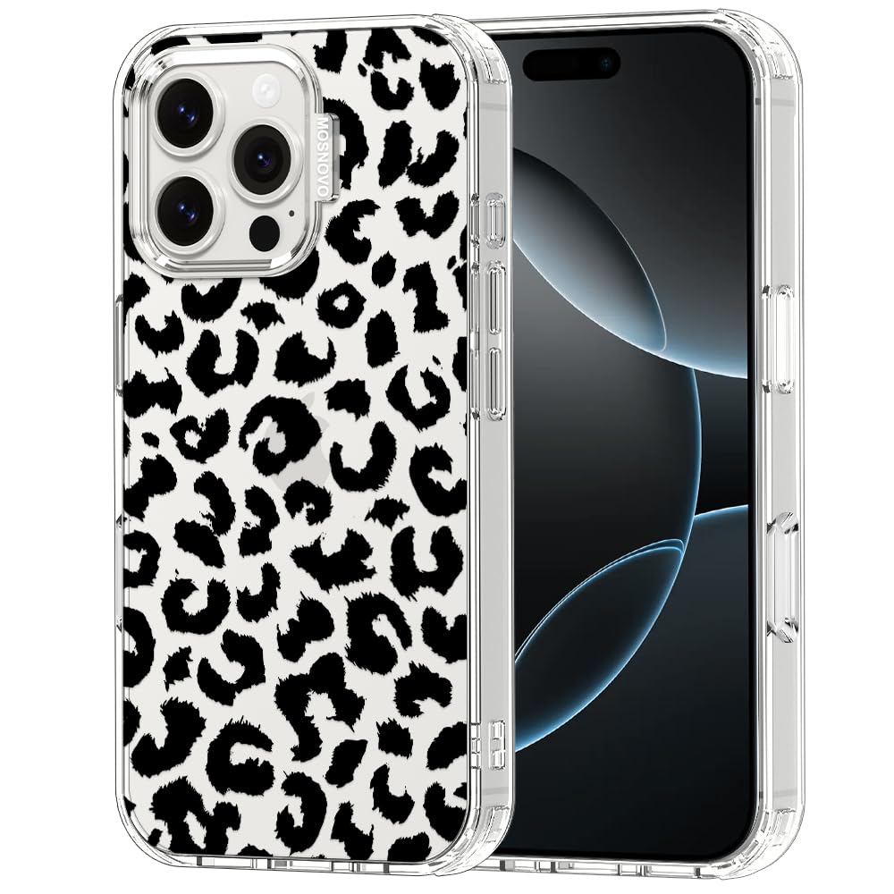 MOSNOVO Case for iPhone 16 Pro Max, [Buffertech 6.6ft Military-Grade Drop Protection] [Anti Peel Off Tech] Clear TPU Bumper Phone Case Cover Design - Black Leopard Print