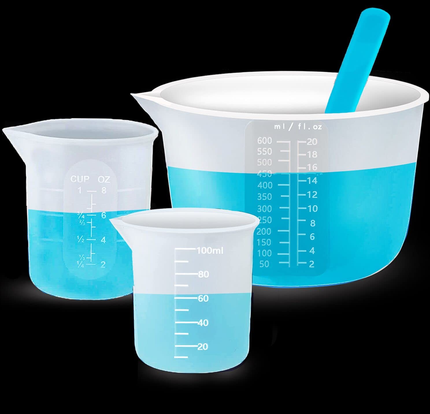 3pcs Large Silicone Measuring Cups, 600ml & 250ml & 100ml Reusable Non-Stick Silicone Mixing Pouring Cups for Epoxy Resin, Jewelry Making