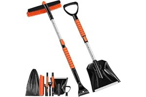 Odoland 35” Ice Scraper with Snow Brush for Car and Snow Shovel, Stretchable Snow Remover with Anti-Slip Foam Handle, 360° Pi