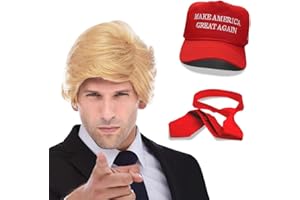 United States of Oh My Gosh Trump 2020 Costume Set | Includes Donald Trump Blonde Synthetic Wig Cap, Red Tie & MAGA Hat | Mr. Billionaire Accessories | Perfect for Cosplay, Parties & Halloween America