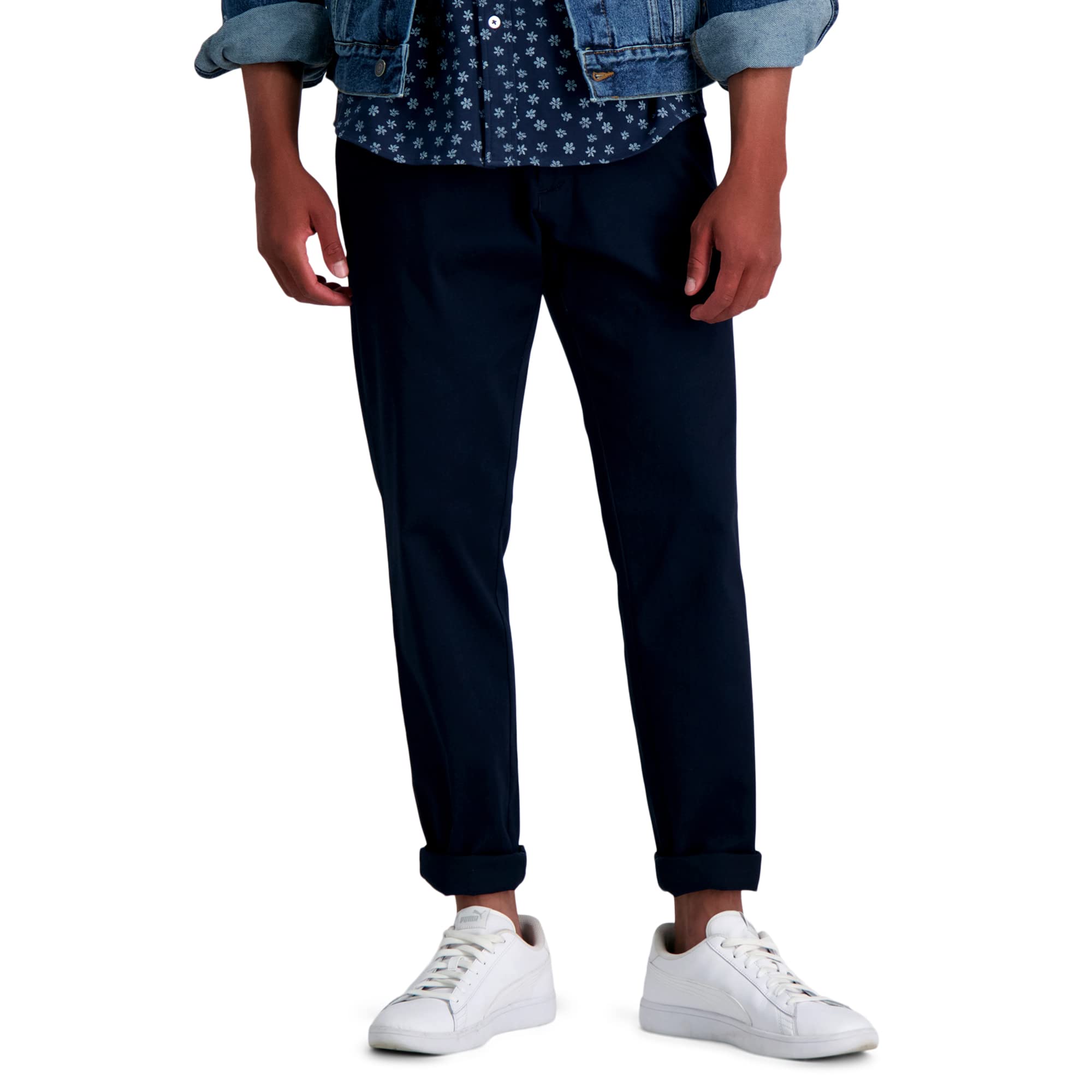 Haggar Men’s Life Khaki Comfort Flat Front Slim Fit Chino Pant, Dark Navy